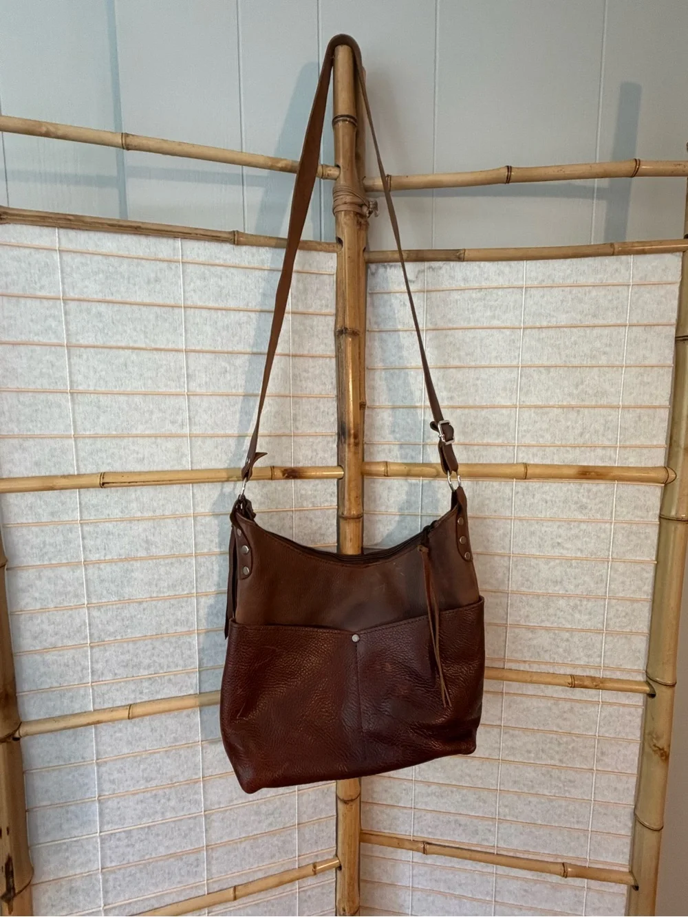 Hand Crafted Brown Leather Shoulder Bag with Tassel